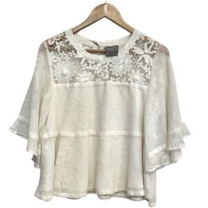 ANTHROPOLOGIE x Vanessa Virginia Jacquard Lace Flare Sleeve Swing Top Ivory — M